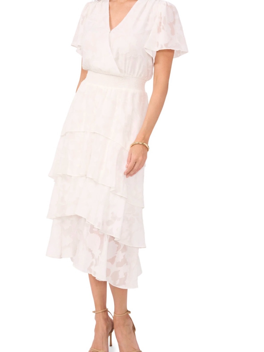Women’s Vince Camuto White Four Tiered Flutter Sleeve Chiffon Midi Dress
